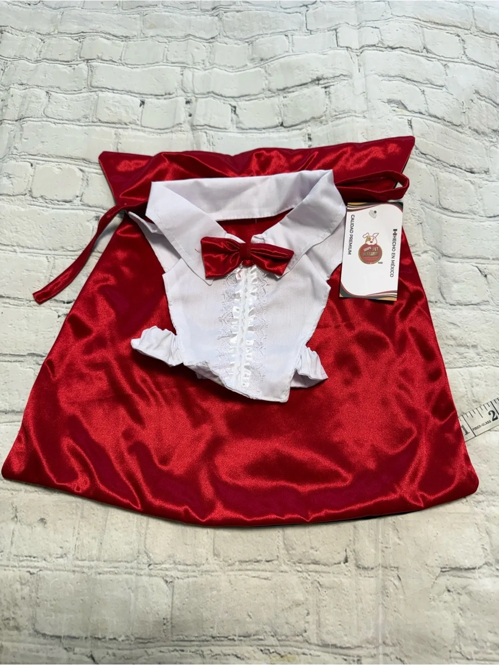 Pet Warrior Red Satin Cape & White Bib Bow Pet Costume Set. Vampire Halloween Co